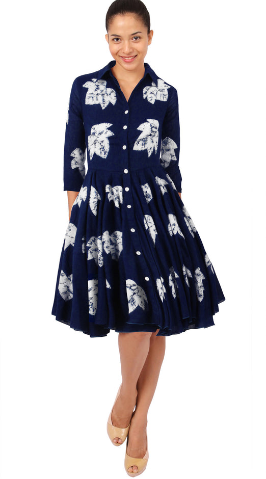 3/4 Sleeve | Leaf Shibori | Indigo | Style | Shirt Dress By Samantha Sung