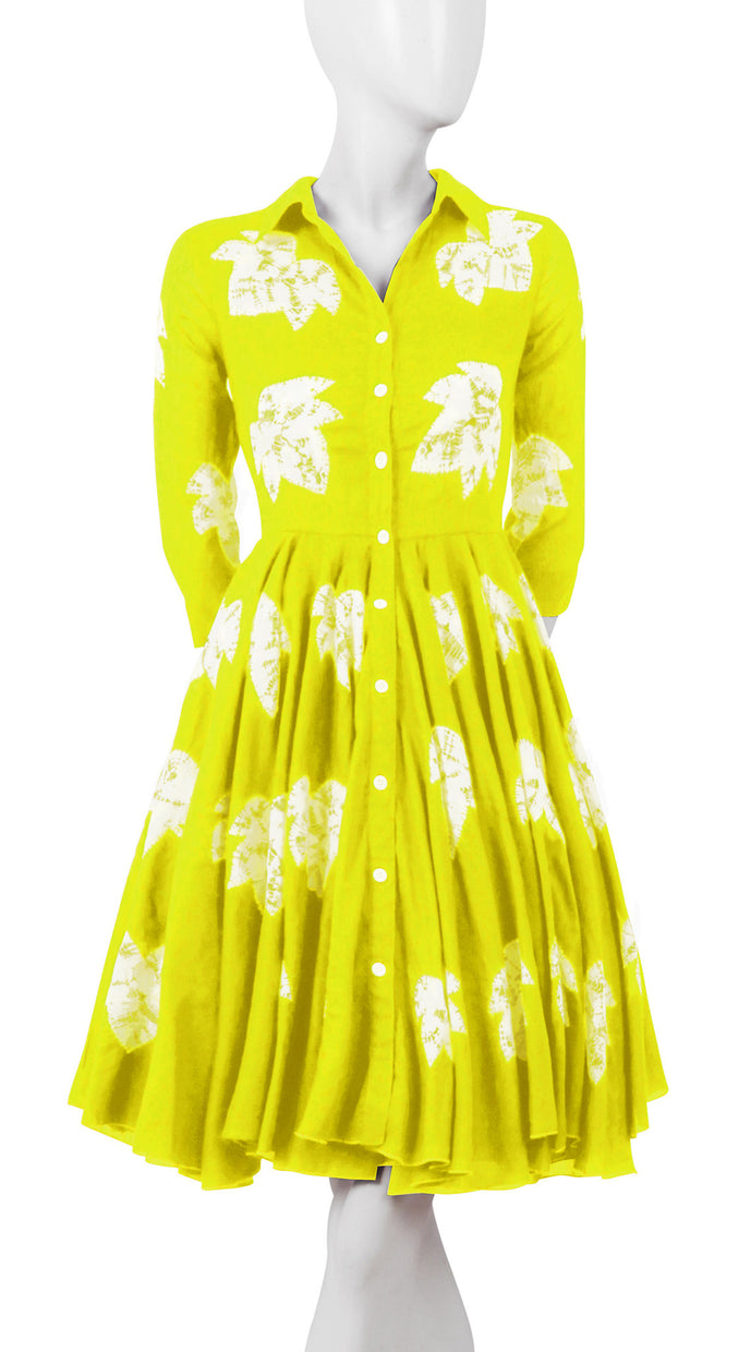 3/4 Sleeve | Leaf Shibori | Lemon Yellow | Front-1 | Shirt Dress By Samantha Sung