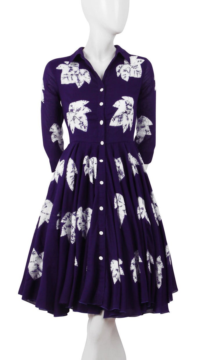 3/4 Sleeve | Leaf Shibori | Lilac | Front-1 | Shirt Dress By Samantha Sung