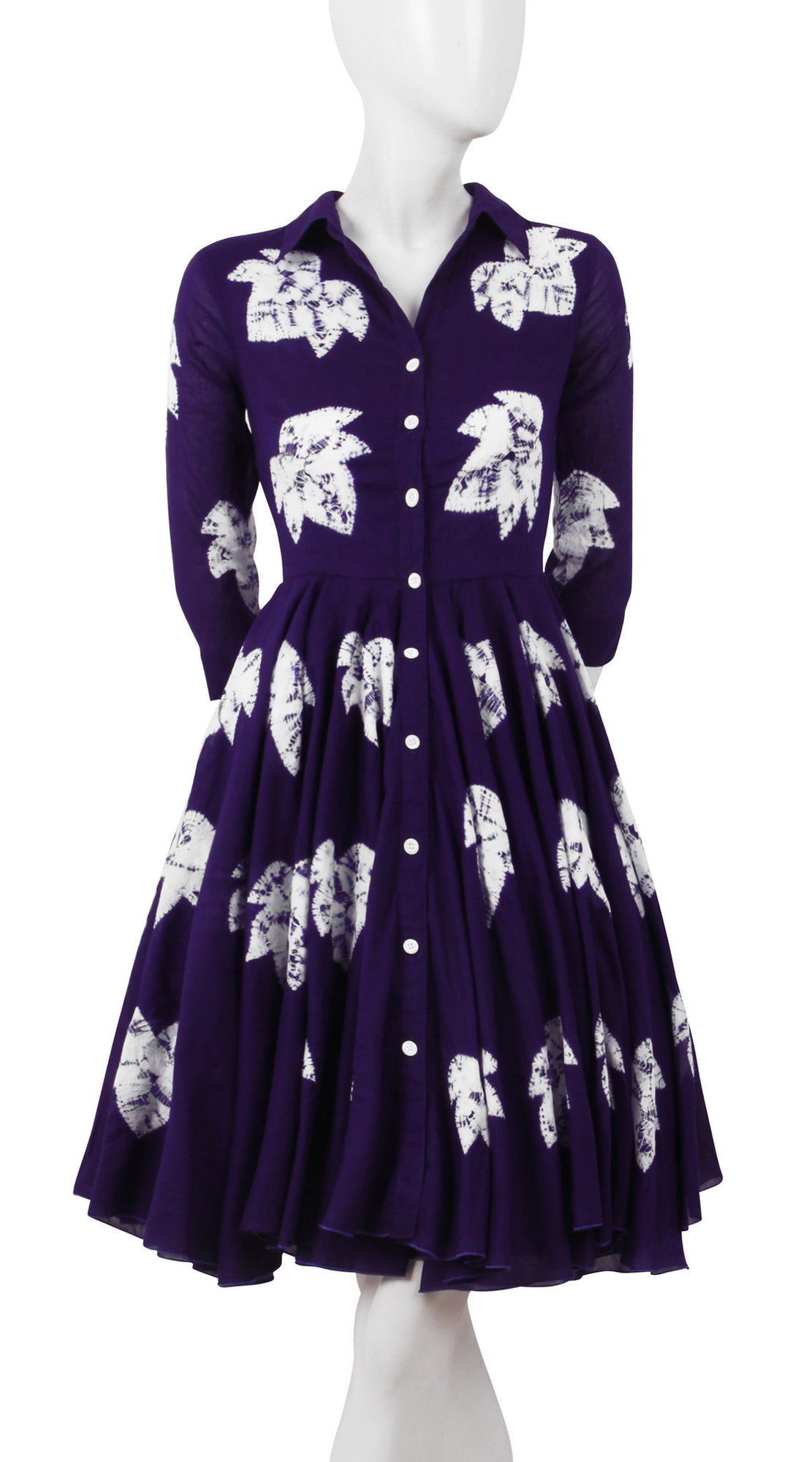 3/4 Sleeve | Leaf Shibori | Lilac | Front-1 | Shirt Dress By Samantha Sung