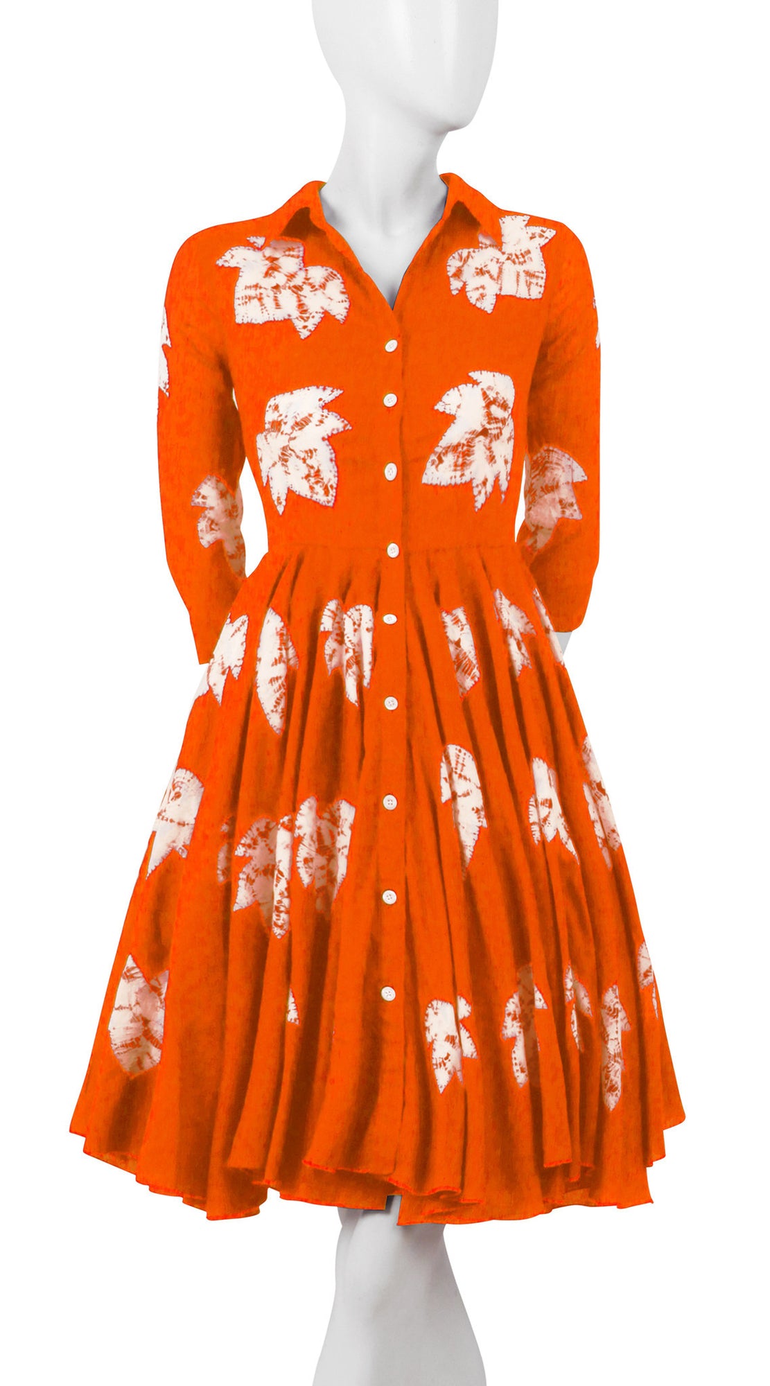 3/4 Sleeve | Leaf Shibori | Orange | Front-1 | Shirt Dress By Samantha Sung