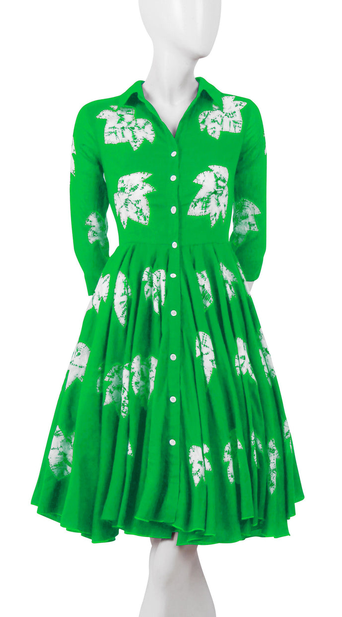 3/4 Sleeve | Leaf Shibori | Pea Green | Front-1 | Shirt Dress By Samantha Sung