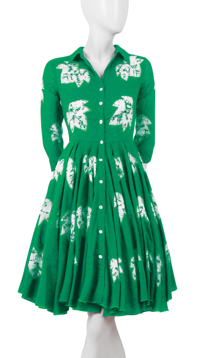 3/4 Sleeve | Leaf Shibori | Pine Green | Front-1 | Shirt Dress By Samantha Sung