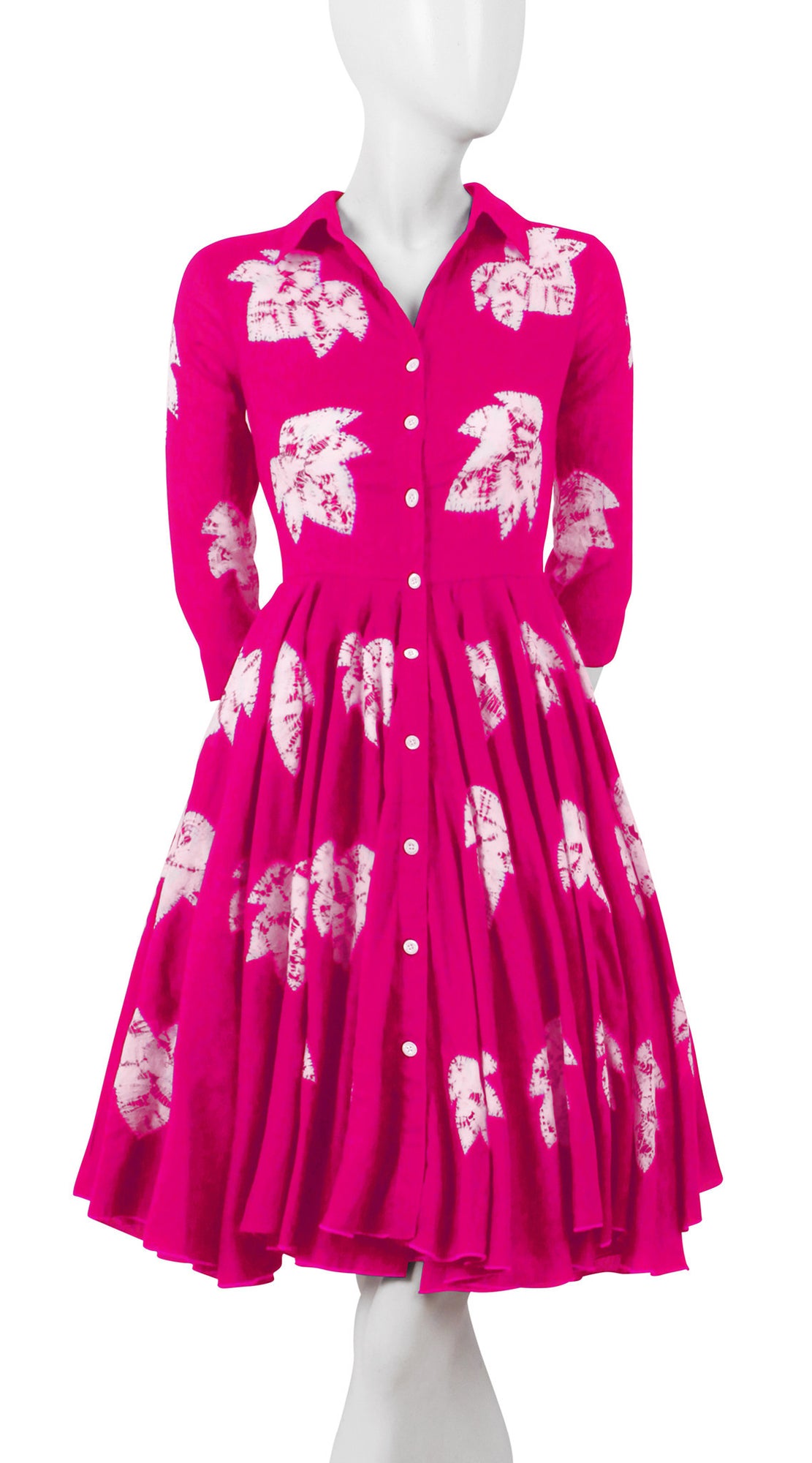 3/4 Sleeve | Leaf Shibori | Rose | Front-1 | Shirt Dress By Samantha Sung