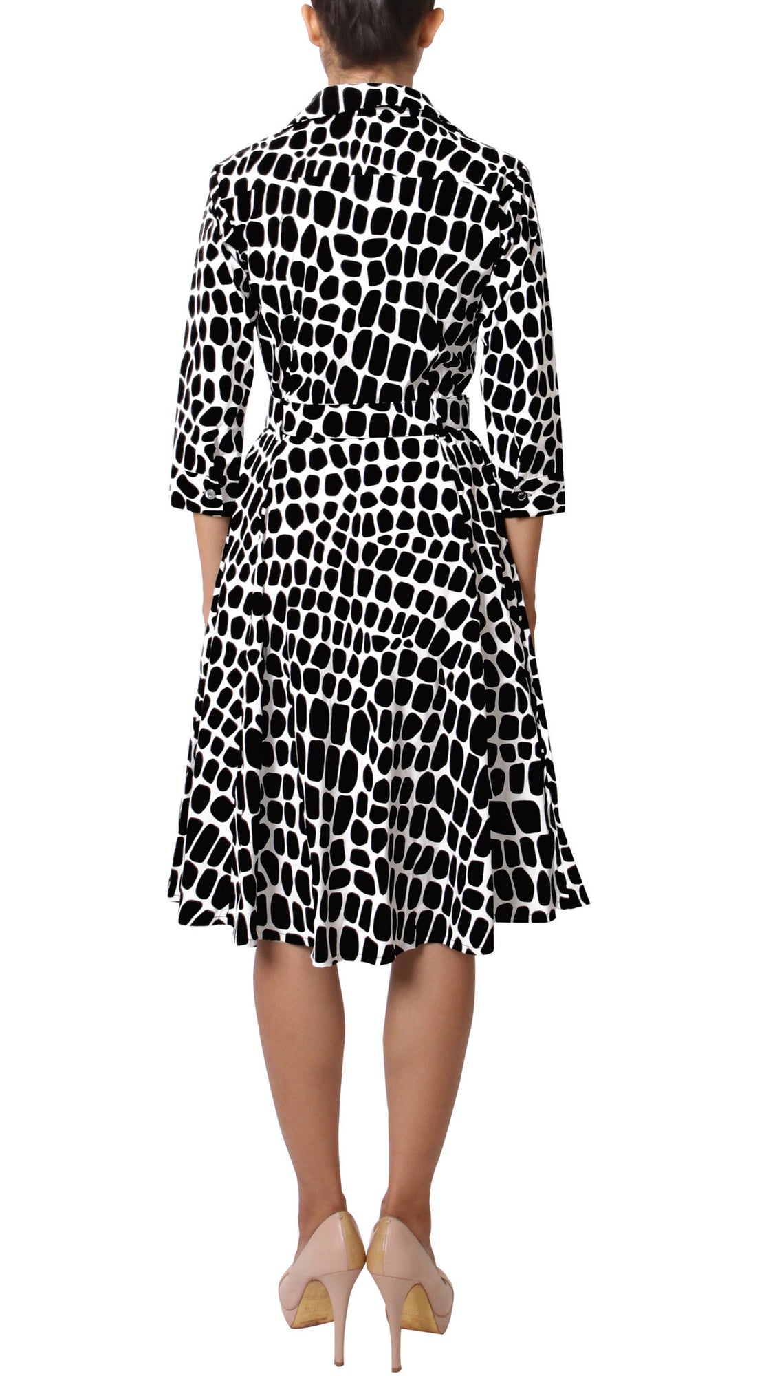 3/4 Sleeve | Love Python | White Black | Back | Shirt Dress By Samantha Sung