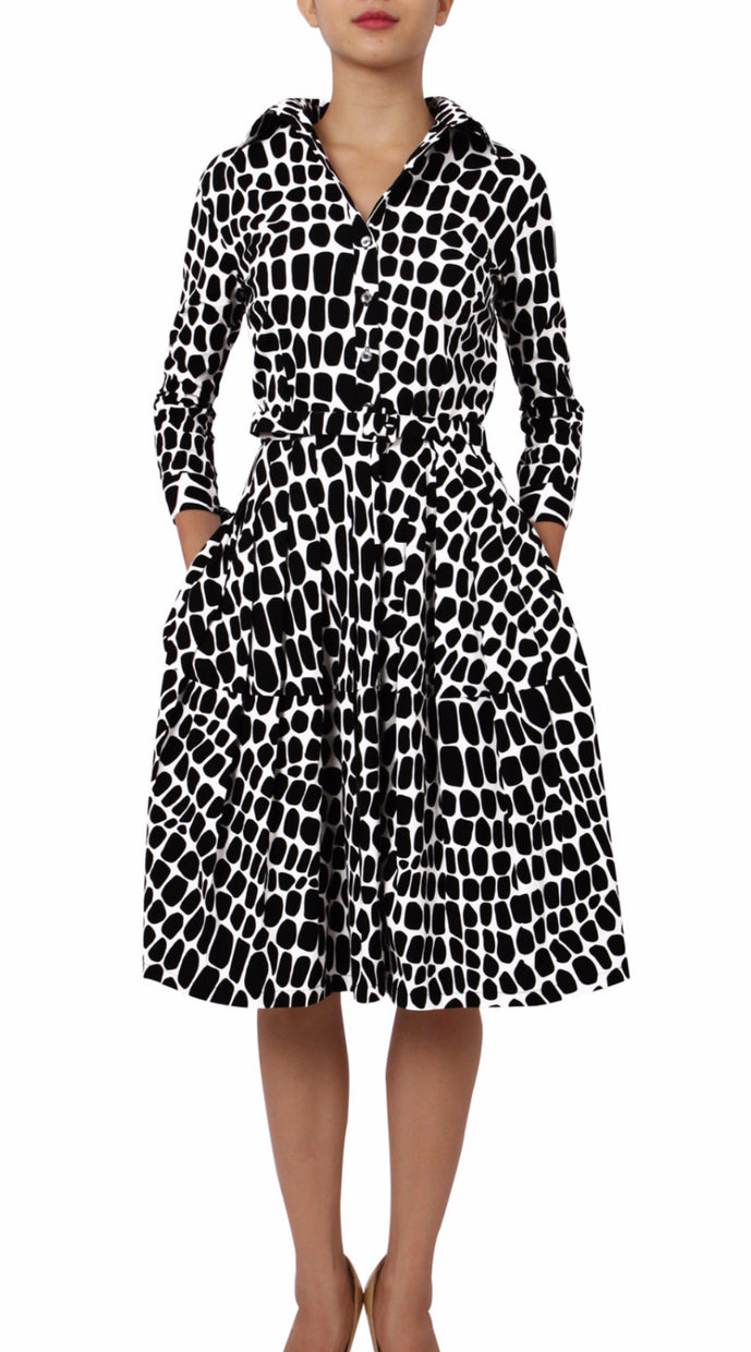 3/4 Sleeve | Love Python | White Black | Front | Shirt Dress By Samantha Sung