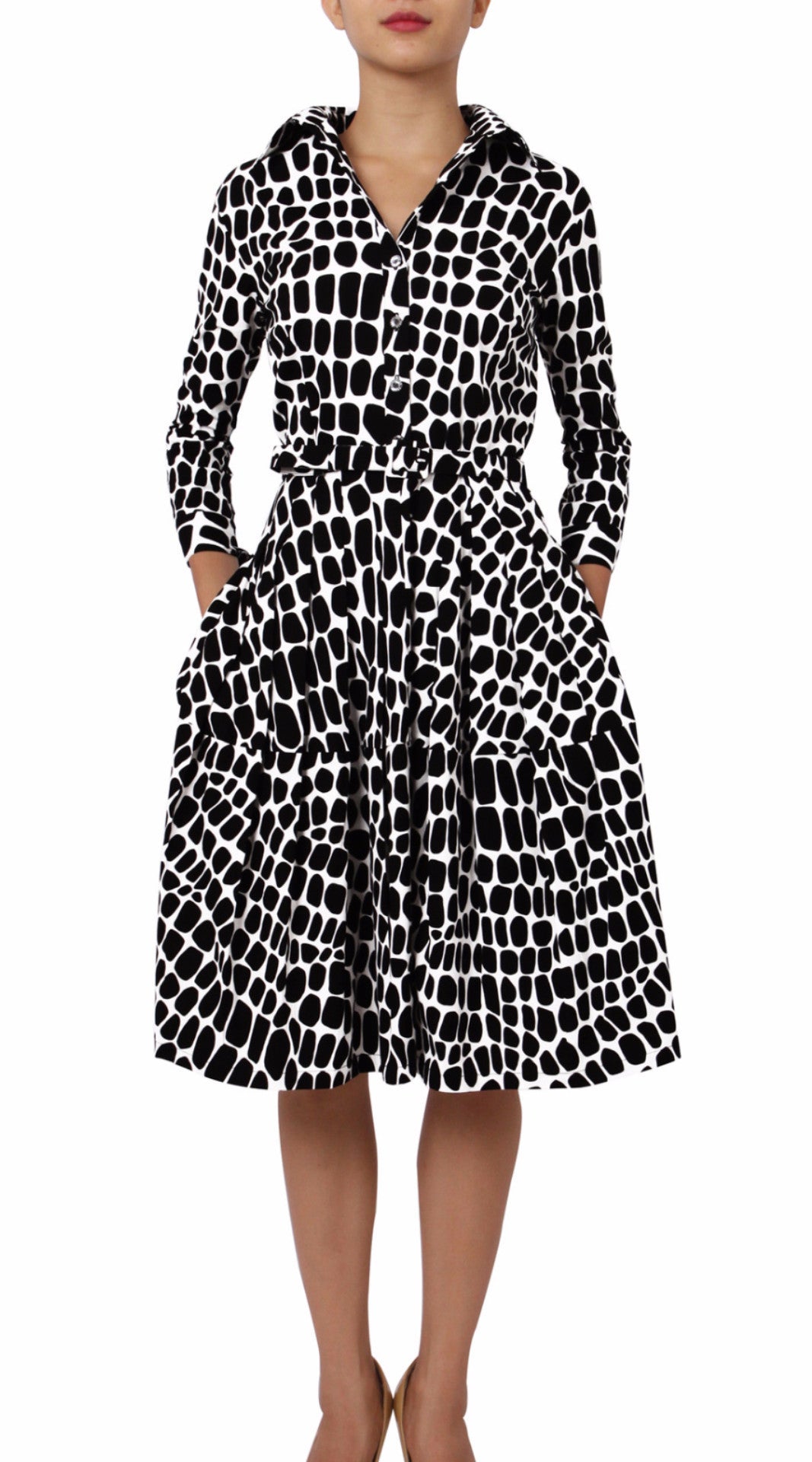3/4 Sleeve | Love Python | White Black | Front | Shirt Dress By Samantha Sung