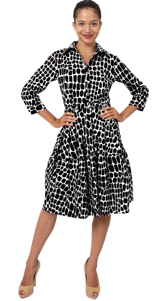 3/4 Sleeve | Love Python | White Black | Front-1 | Shirt Dress By Samantha Sung