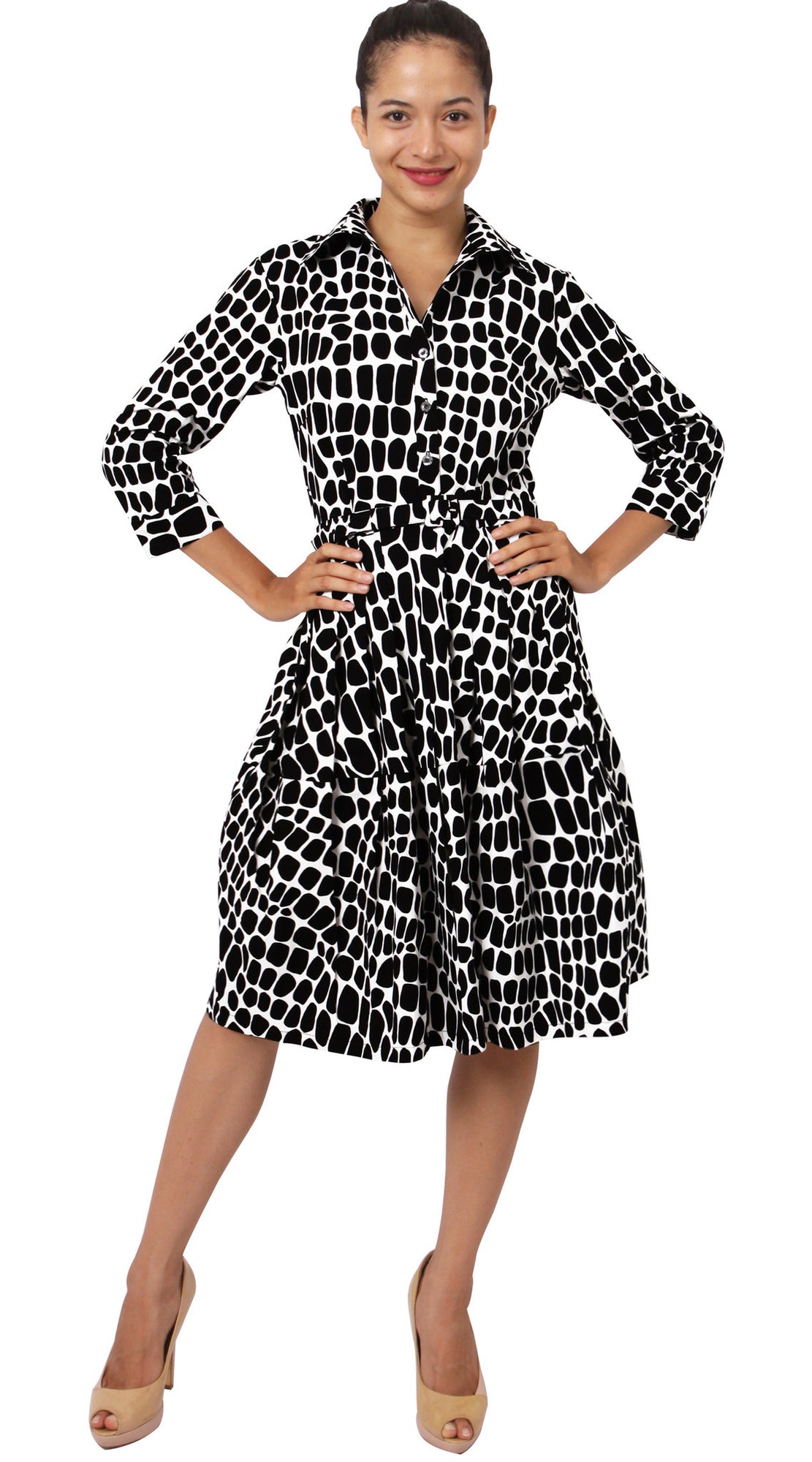 3/4 Sleeve | Love Python | White Black | Front-1 | Shirt Dress By Samantha Sung