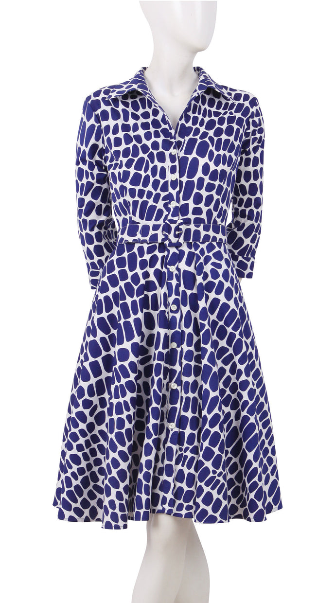 3/4 Sleeve | Love Python | White Cobalt Blue | Front | Shirt Dress By Samantha Sung