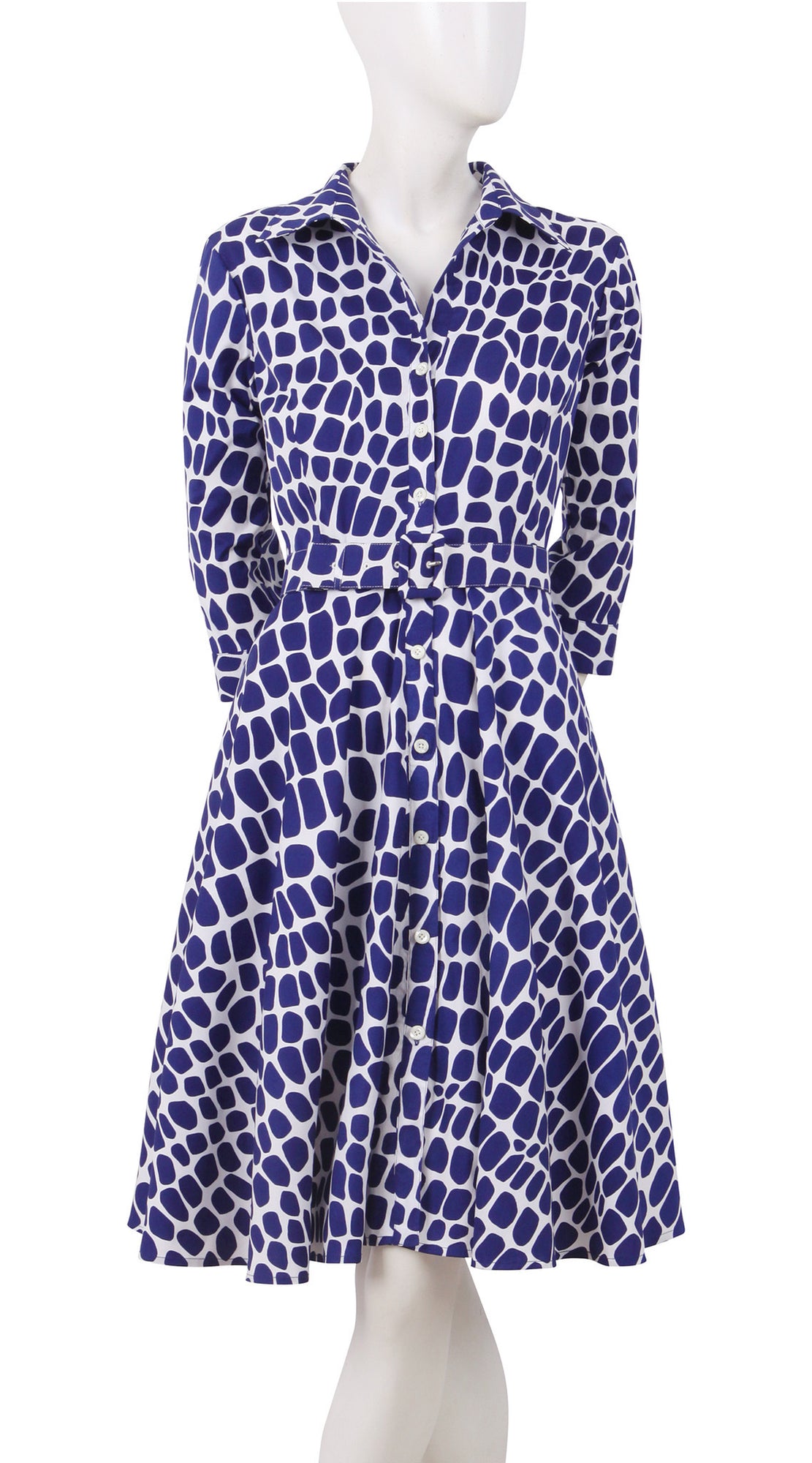 3/4 Sleeve | Love Python | White Cobalt Blue | Front | Shirt Dress By Samantha Sung