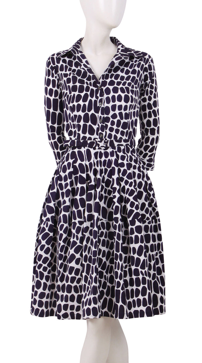 3/4 Sleeve | Love Python | White Lilac | Front | Shirt Dress By Samantha Sung