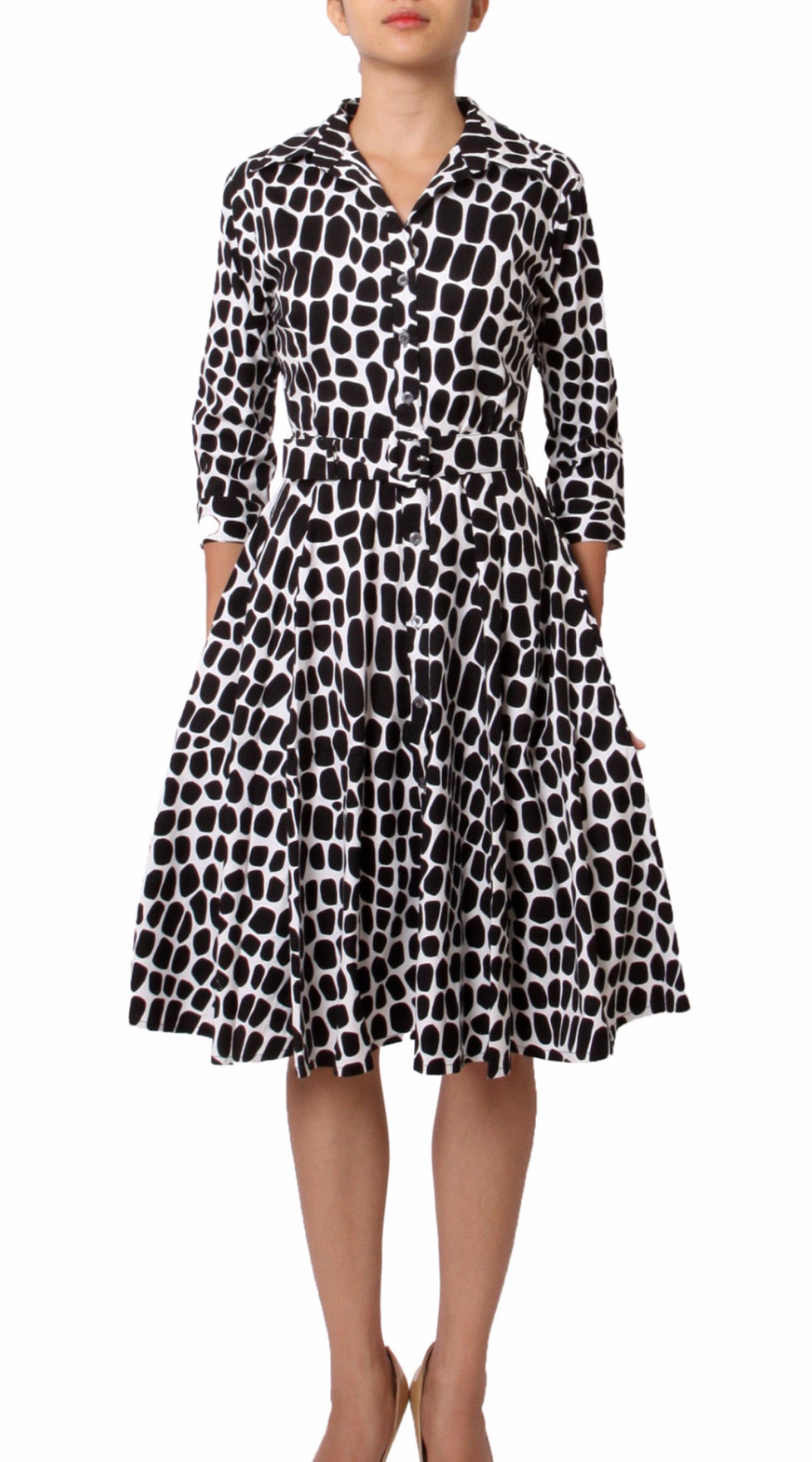 3/4 Sleeve | Love Python | White Black | Front | Shirt Dress By Samantha Sung