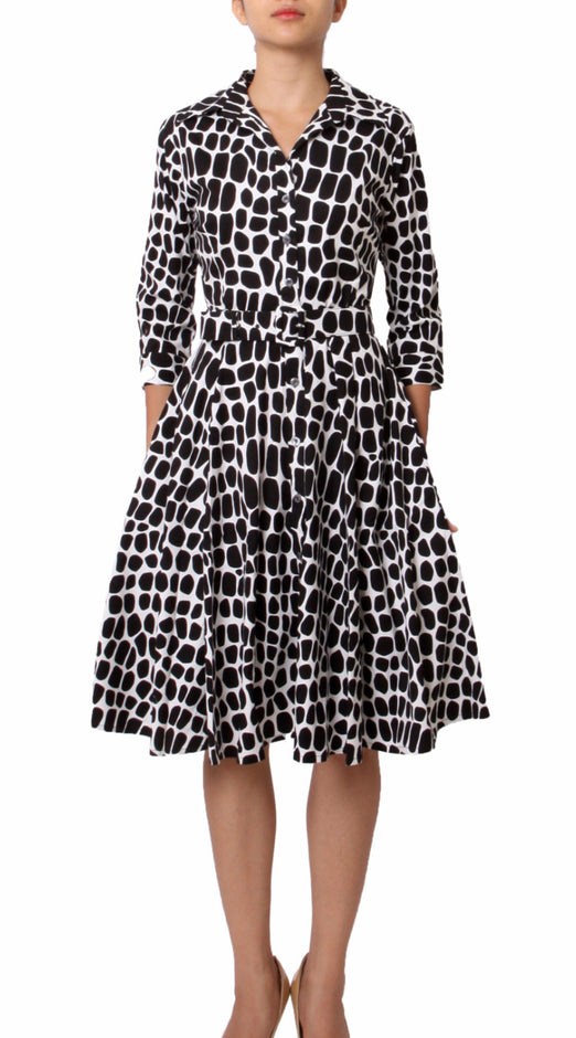 3/4 Sleeve | Love Python | White Black | Front-1 | Shirt Dress By Samantha Sung