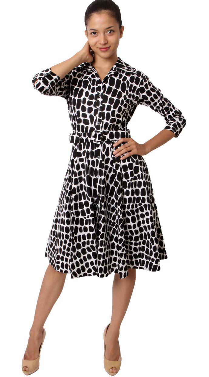 3/4 Sleeve | Love Python | White Black | Front-1 | Shirt Dress By Samantha Sung