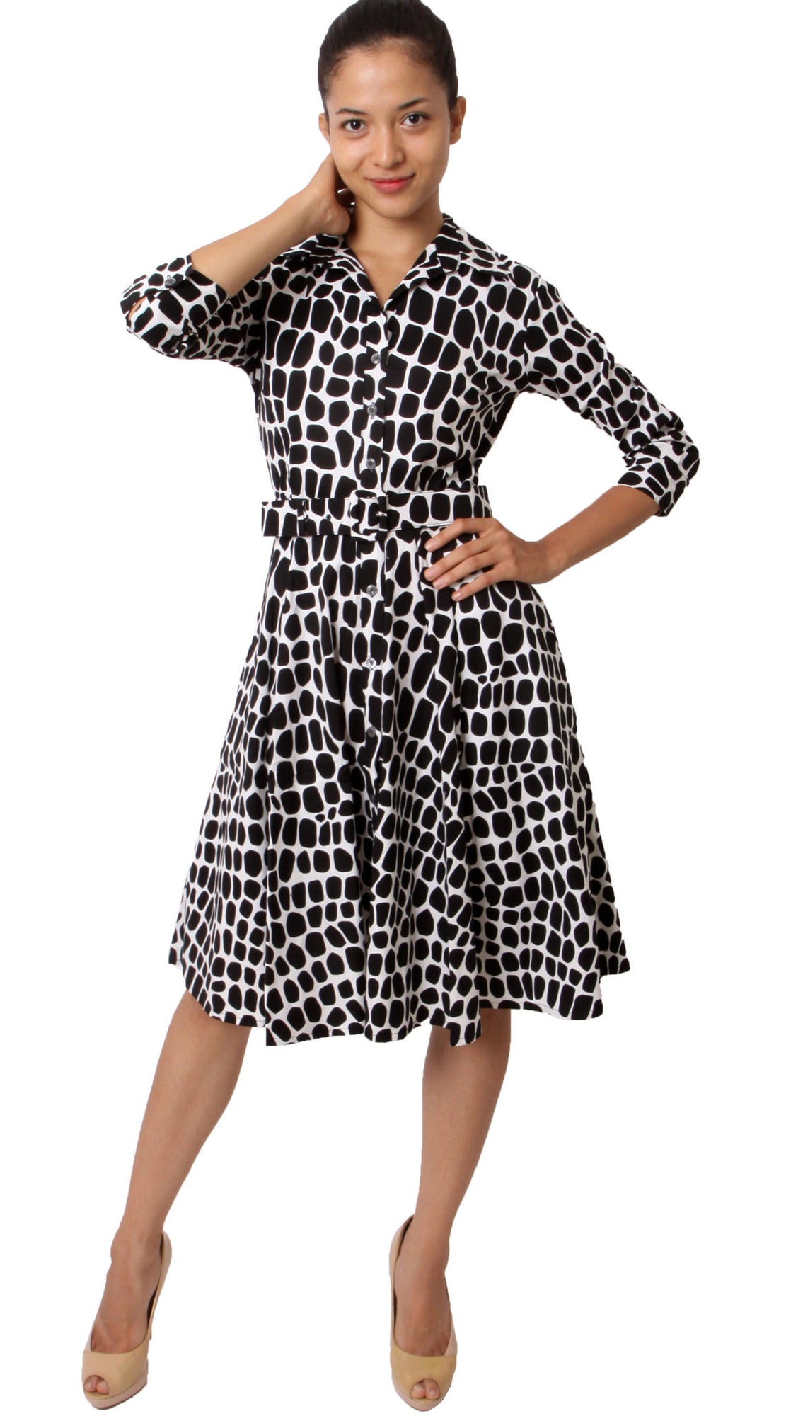 3/4 Sleeve | Love Python | White Black | Front-1 | Shirt Dress By Samantha Sung