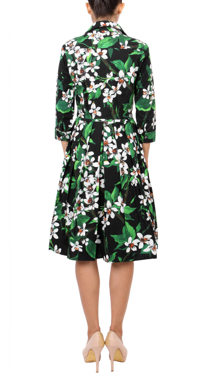 3/4 Sleeve | Magnolia | Black White | Back | Shirt Dress By Samantha Sung