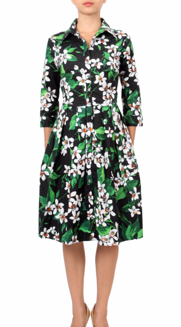 3/4 Sleeve | Magnolia | Black White | Front | Shirt Dress By Samantha Sung