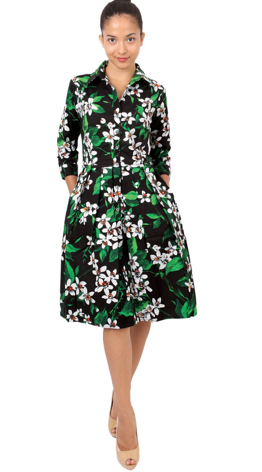 3/4 Sleeve | Magnolia | Black White | Front-1 | Shirt Dress By Samantha Sung