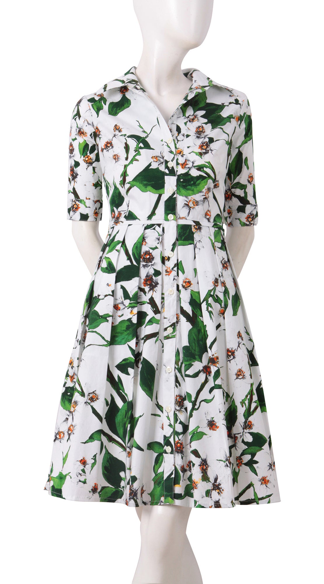 1/2 Sleeve | White Blossom | White White | Front | Shirt Dress By Samantha Sung