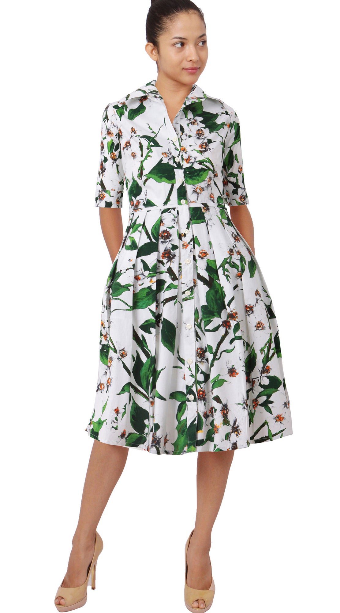 1/2 Sleeve | White Blossom | White White | Front | Shirt Dress By Samantha Sung