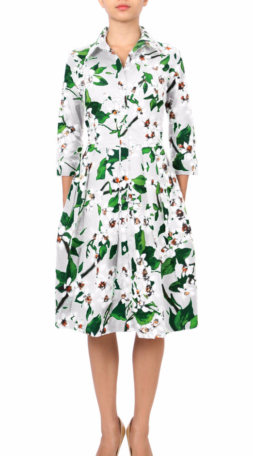 3/4 Sleeve | Magnolia | Black White | Front-1 | Shirt Dress By Samantha Sung
