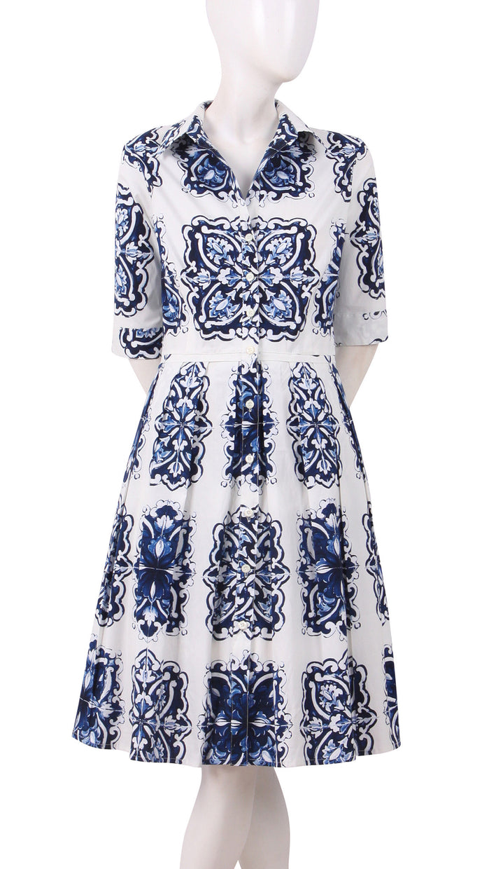 1/2 Sleeve | Maiolica | White Indigo | Front | Shirt Dress By Samantha Sung