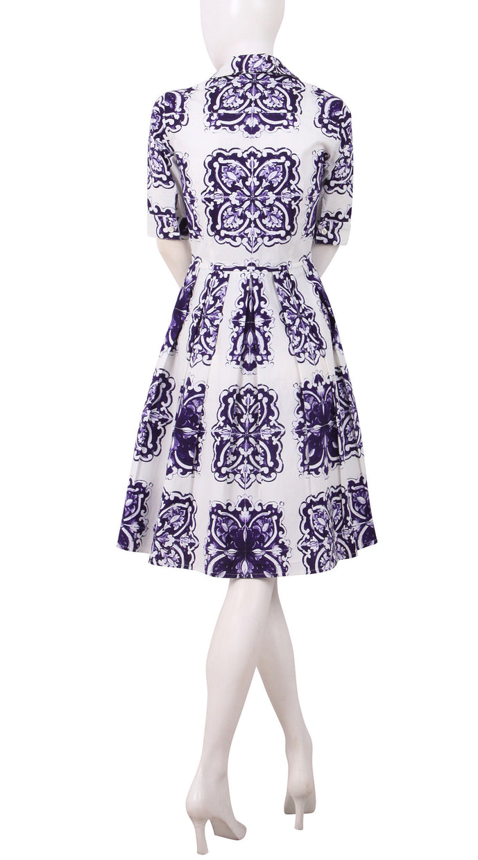 1/2 Sleeve | Maiolica | White Lilac | Back | Shirt Dress By Samantha Sung