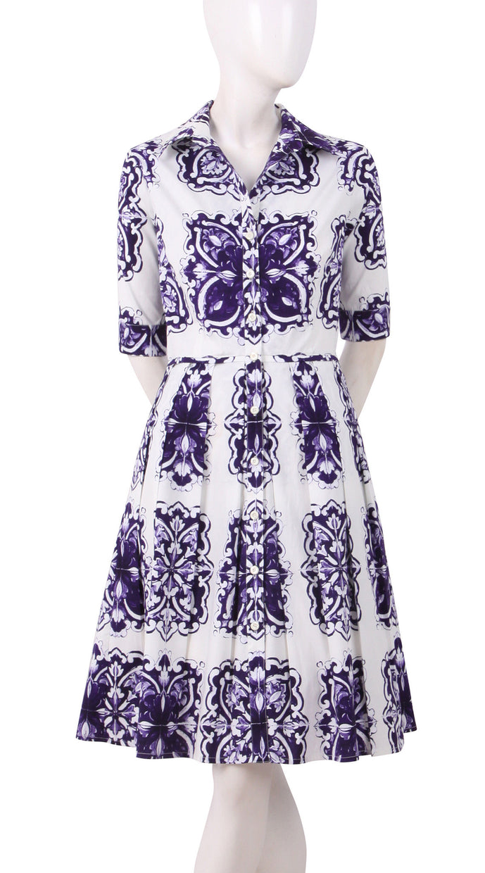 1/2 Sleeve | Maiolica | White Lilac | Front | Shirt Dress By Samantha Sung