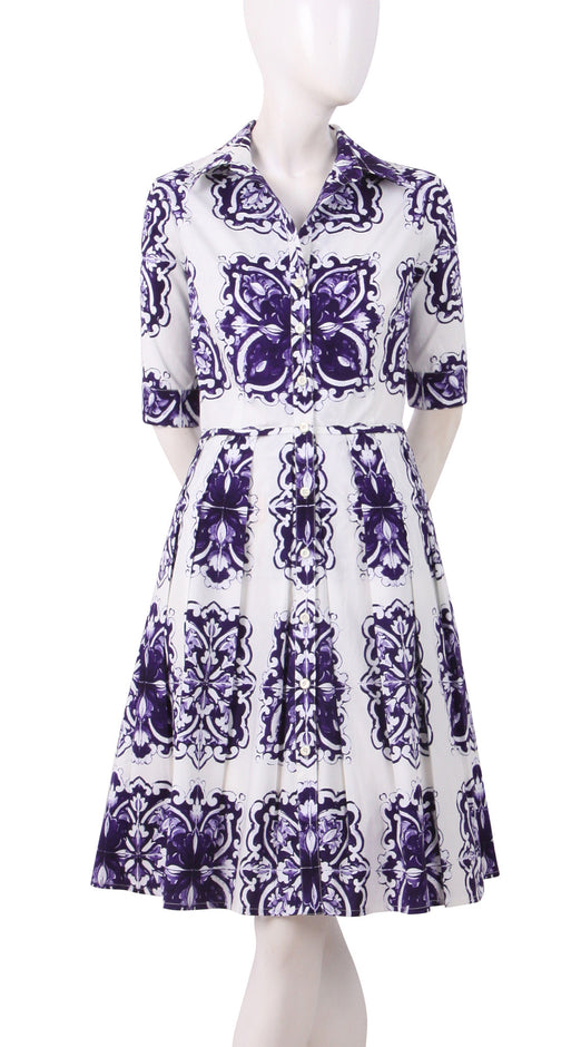 1/2 Sleeve | Maiolica | White Indigo | Front | Shirt Dress By Samantha Sung