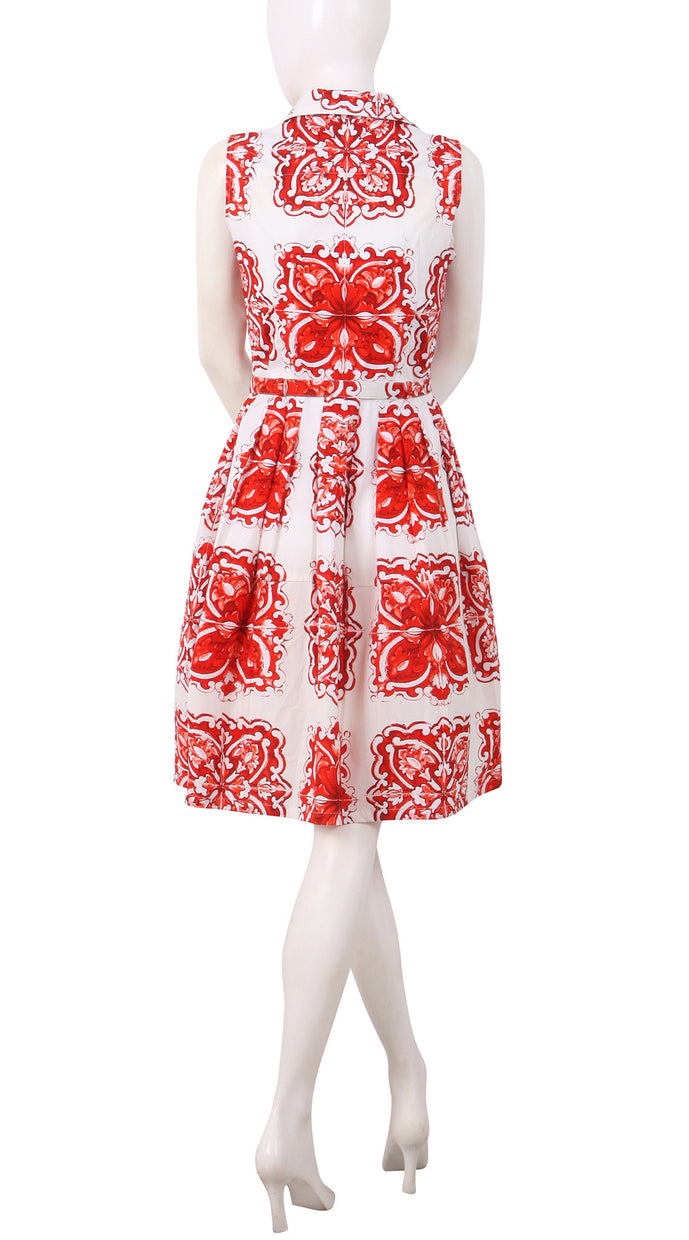 Sleeveless | Maiolica | White Red | Back | Shirt Dress By Samantha Sung