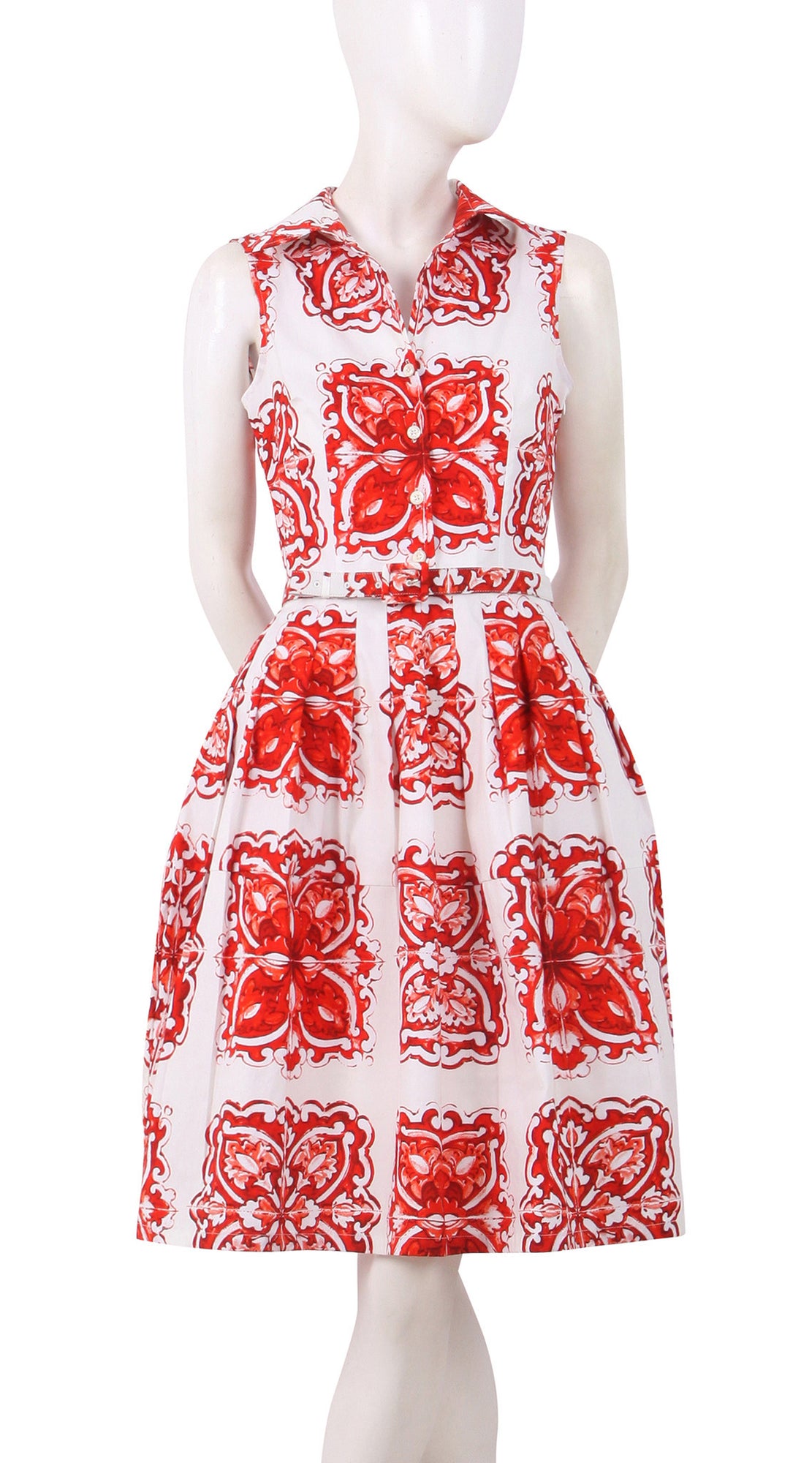 Sleeveless | Maiolica | White Red | Front | Shirt Dress By Samantha Sung
