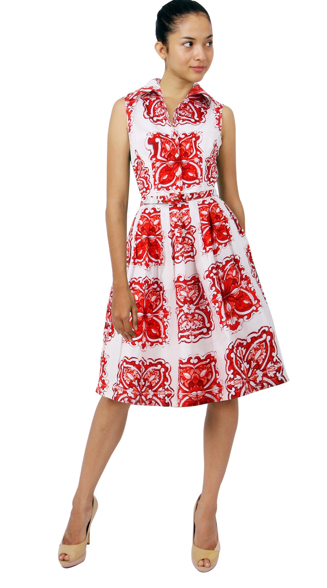Sleeveless | Maiolica | White Red | Front | Shirt Dress By Samantha Sung