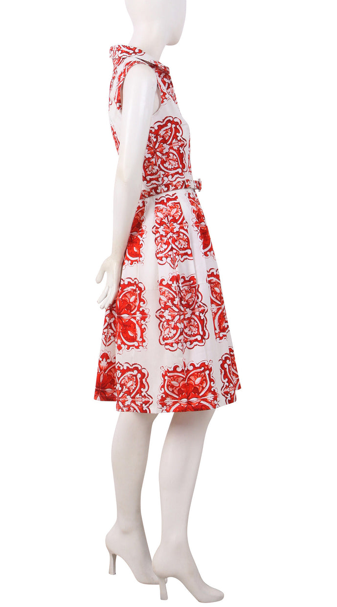 Sleeveless | Maiolica | White Red | Right | Shirt Dress By Samantha Sung