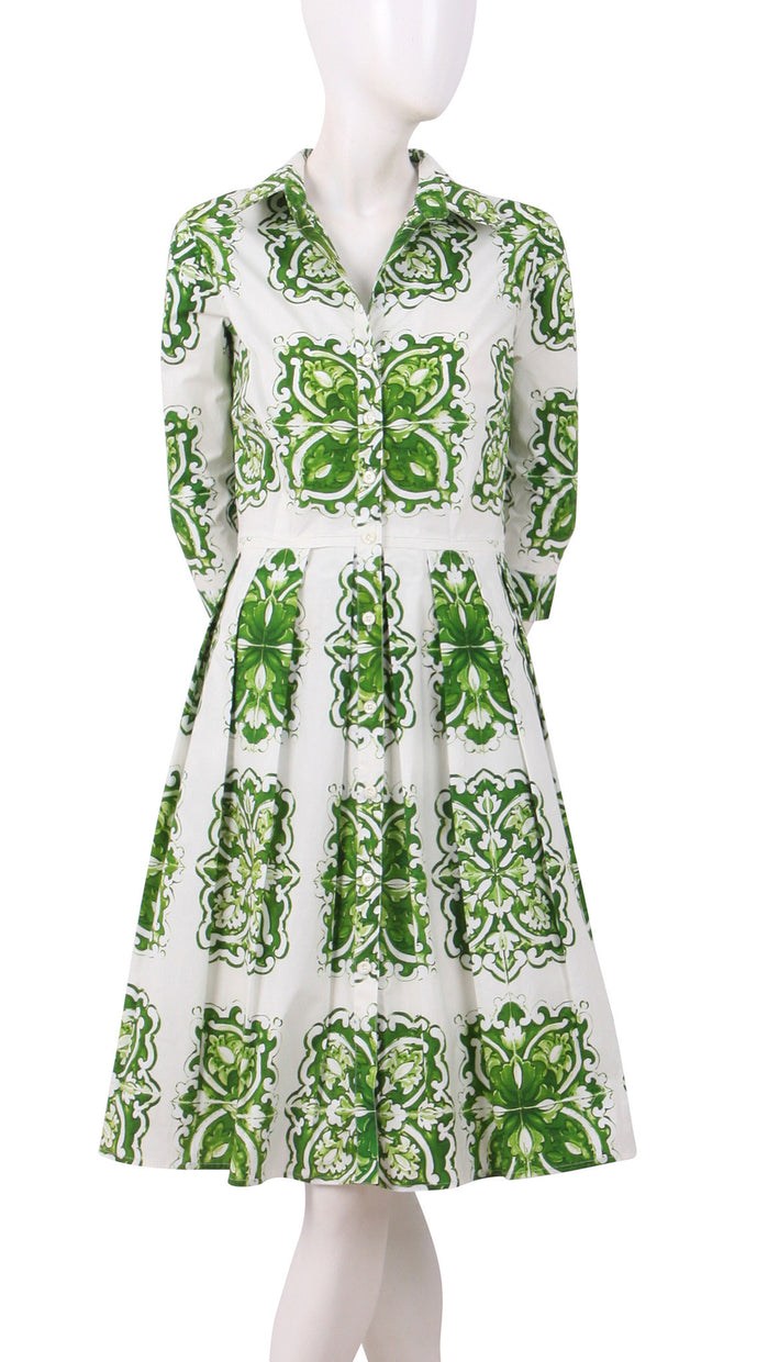 3/4 Sleeve | Maiolica | White Grass Green | Front | Shirt Dress By Samantha Sung