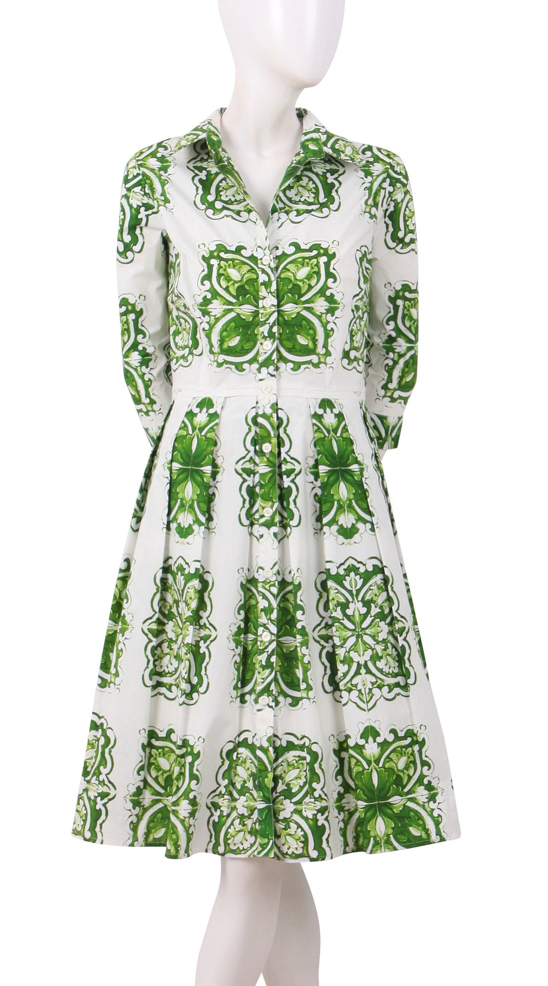 3/4 Sleeve | Maiolica | White Grass Green | Front | Shirt Dress By Samantha Sung