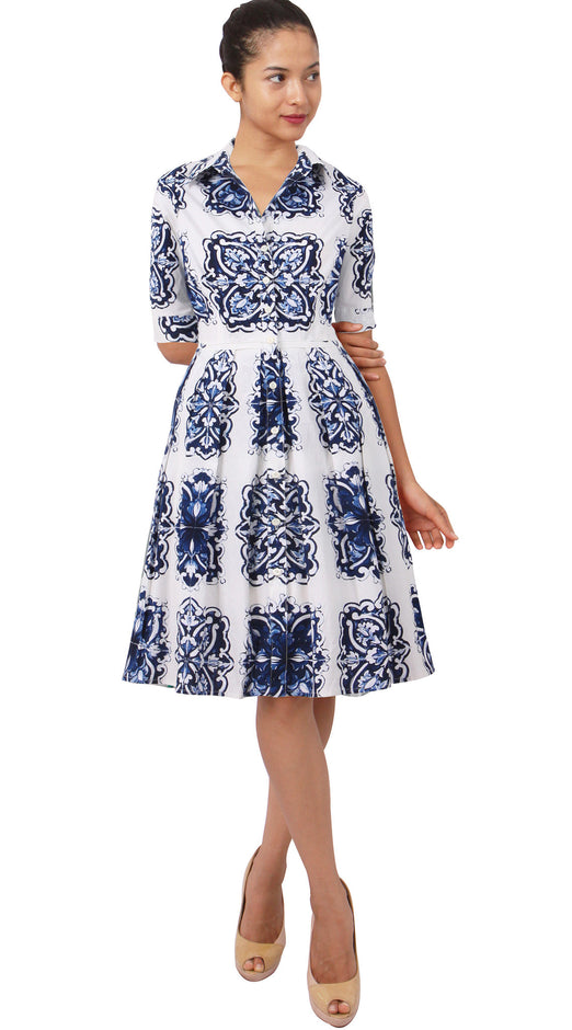 1/2 Sleeve | Maiolica | White Indigo | Front | Shirt Dress By Samantha Sung