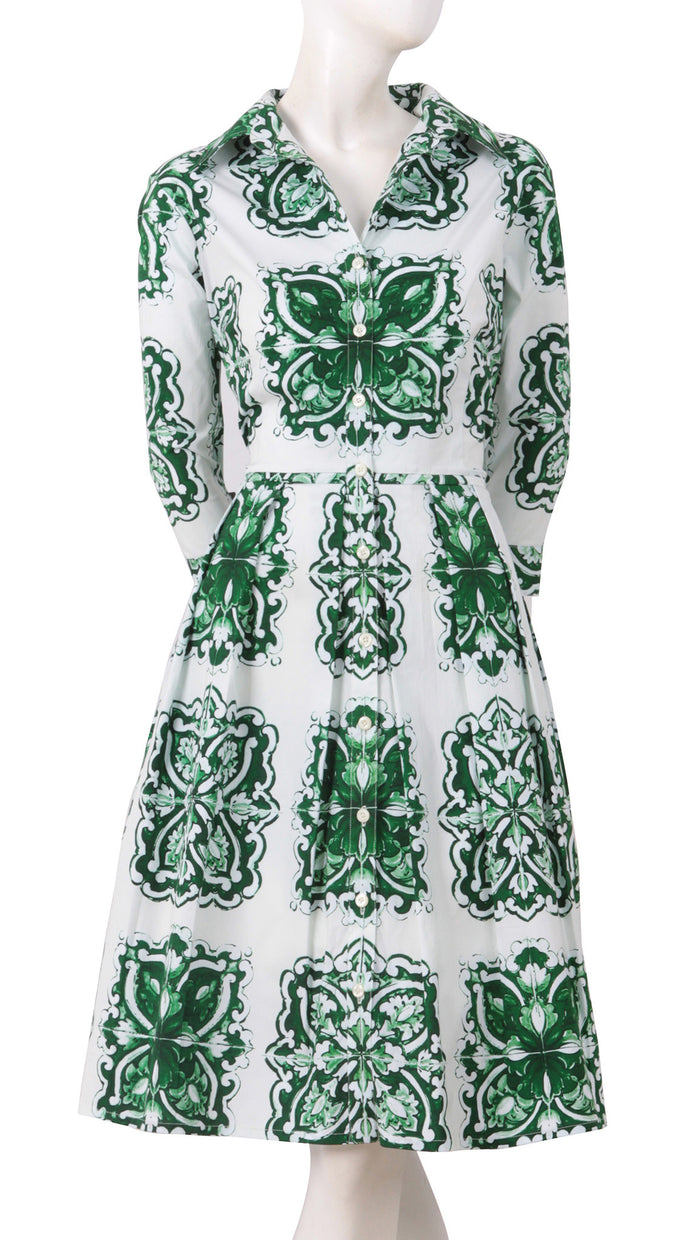 3/4 Sleeve | Maiolica | White Pine Green | Front | Shirt Dress By Samantha Sung