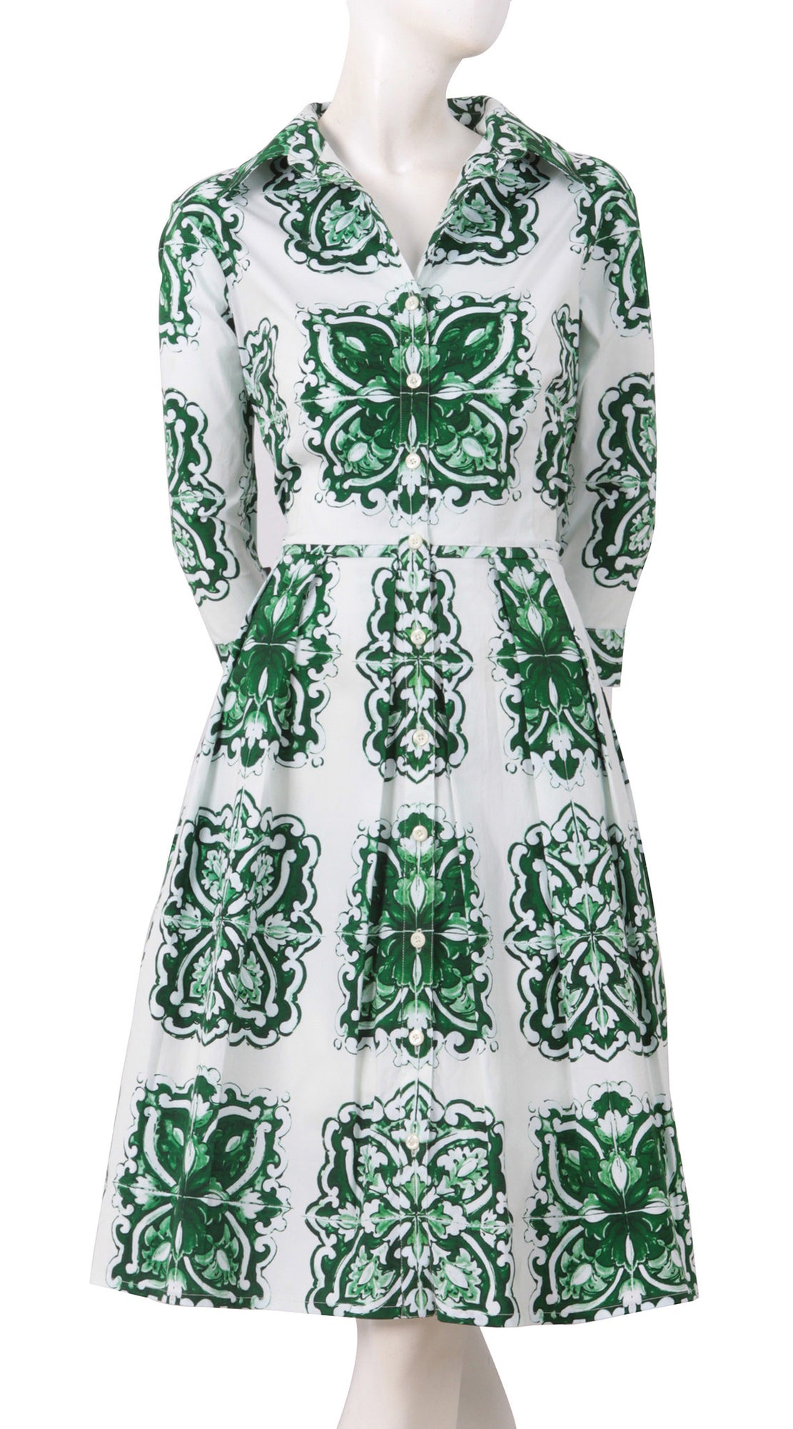 3/4 Sleeve | Maiolica | White Pine Green | Front | Shirt Dress By Samantha Sung