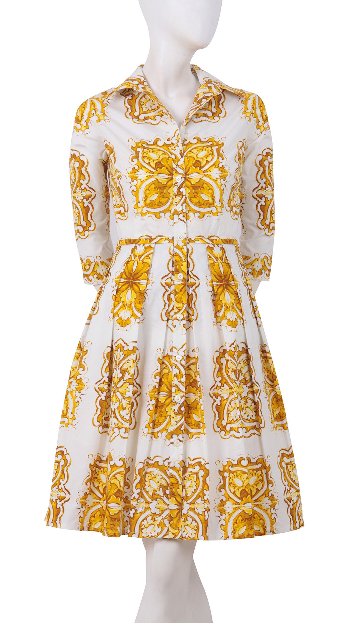 3/4 Sleeve | Maiolica | White Yellow | Front | Shirt Dress By Samantha Sung