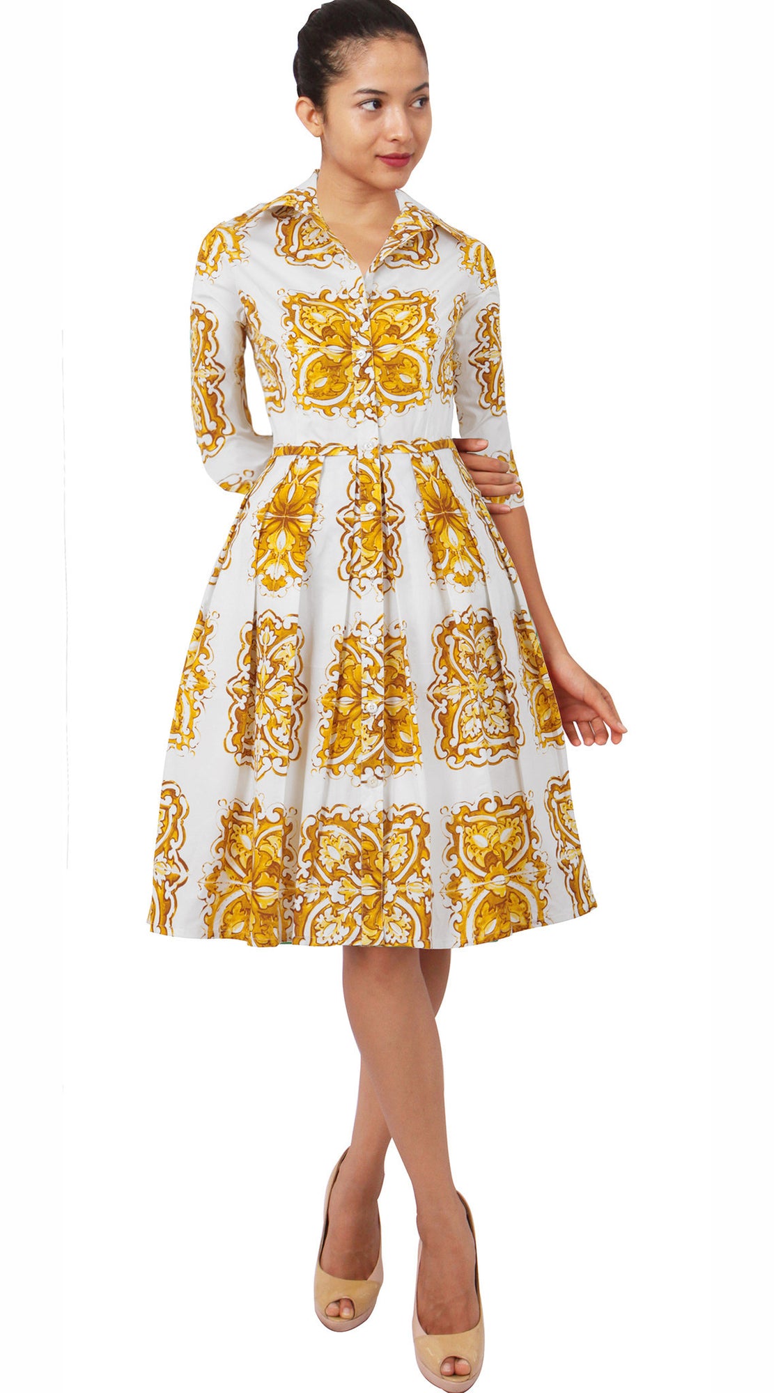 3/4 Sleeve | Maiolica | White Yellow | Front | Shirt Dress By Samantha Sung