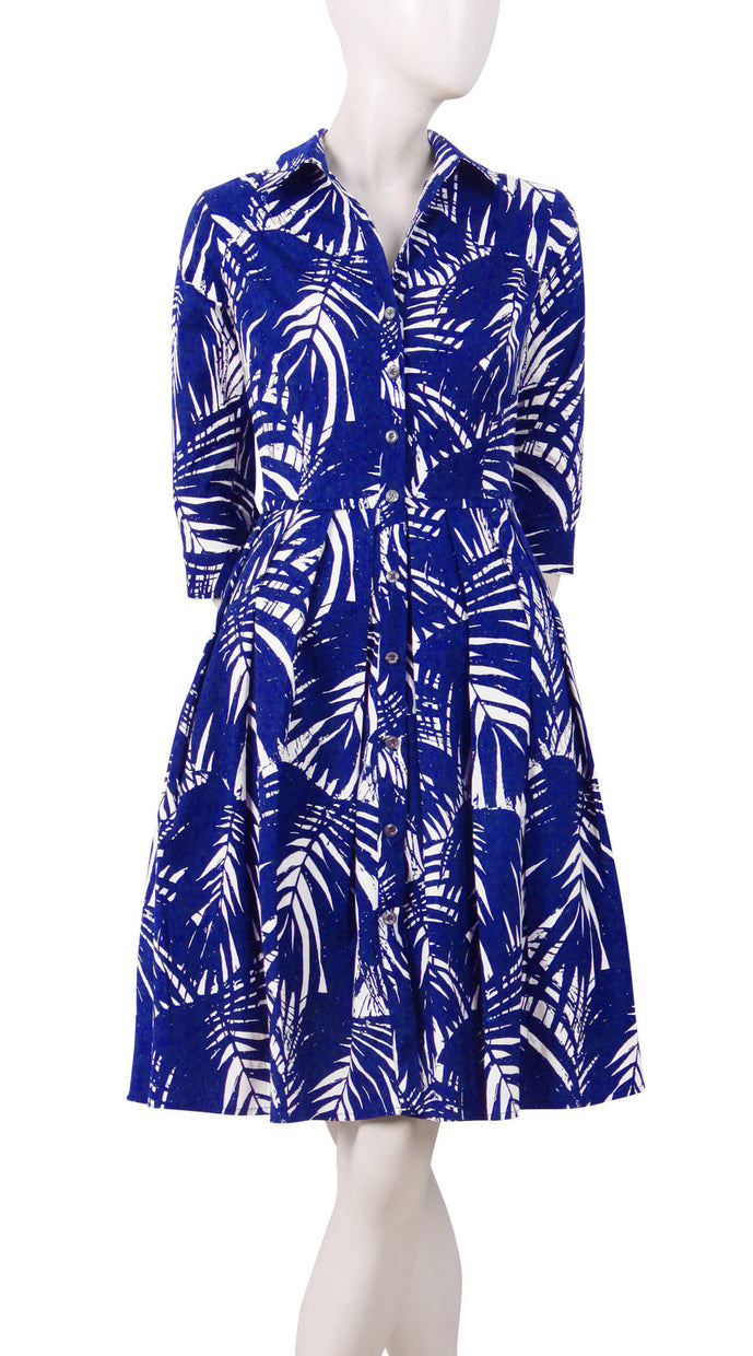 1/2 Sleeve | Maui Palm | White Admiral Blue | Front | Shirt Dress By Samantha Sung