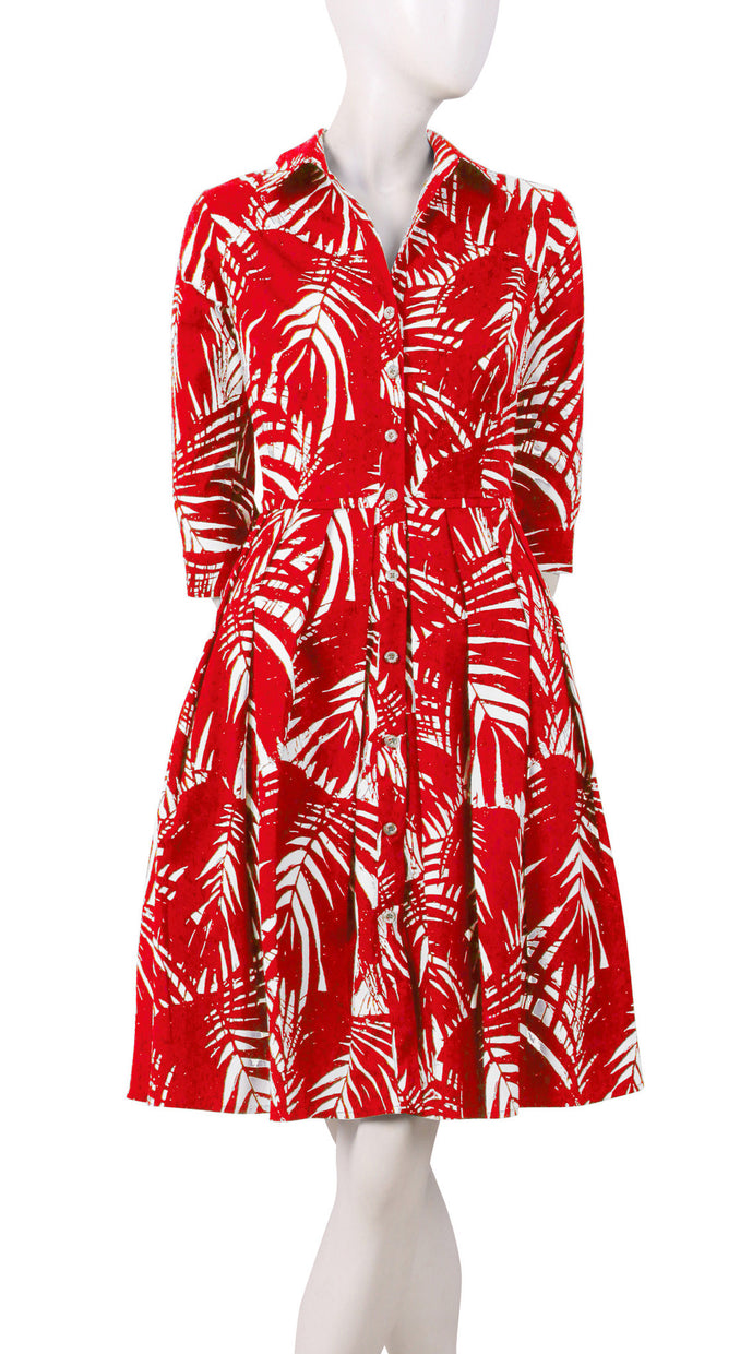 1/2 Sleeve | Maui Palm | White Indian Red | Front | Shirt Dress By Samantha Sung