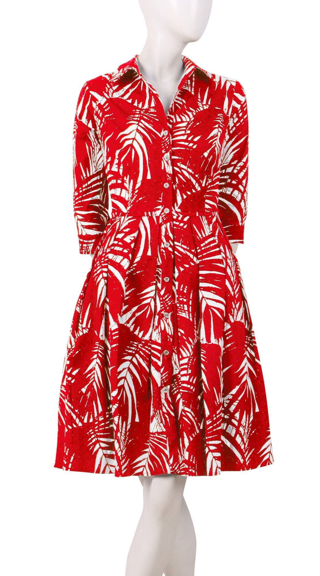 1/2 Sleeve | Maui Palm | White Indian Red | Front | Shirt Dress By Samantha Sung