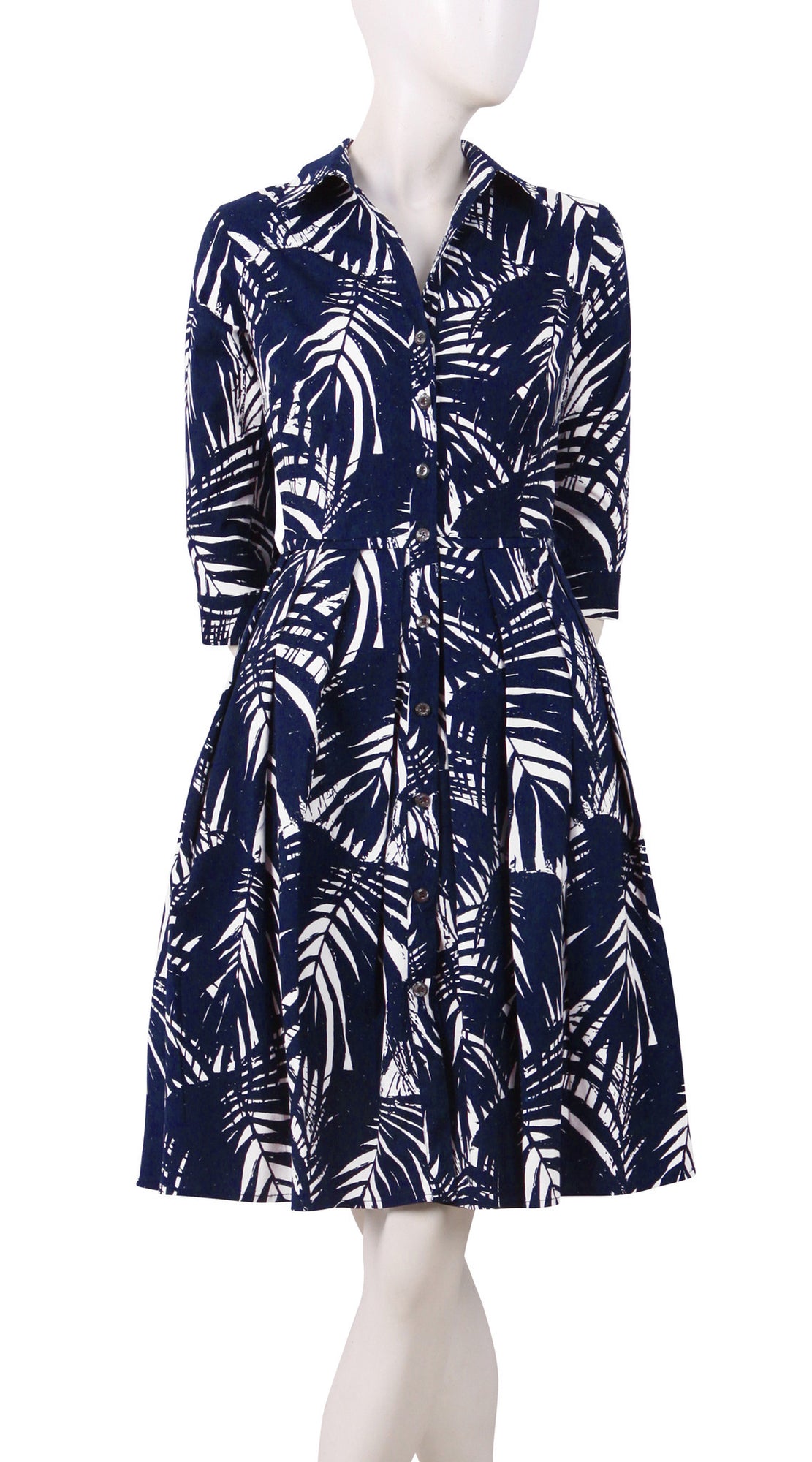 1/2 Sleeve | Maui Palm | White Indigo | Front | Shirt Dress By Samantha Sung
