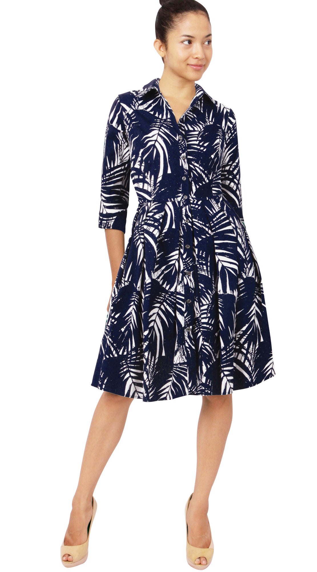 1/2 Sleeve | Maui Palm | White Indigo | Style | Shirt Dress By Samantha Sung