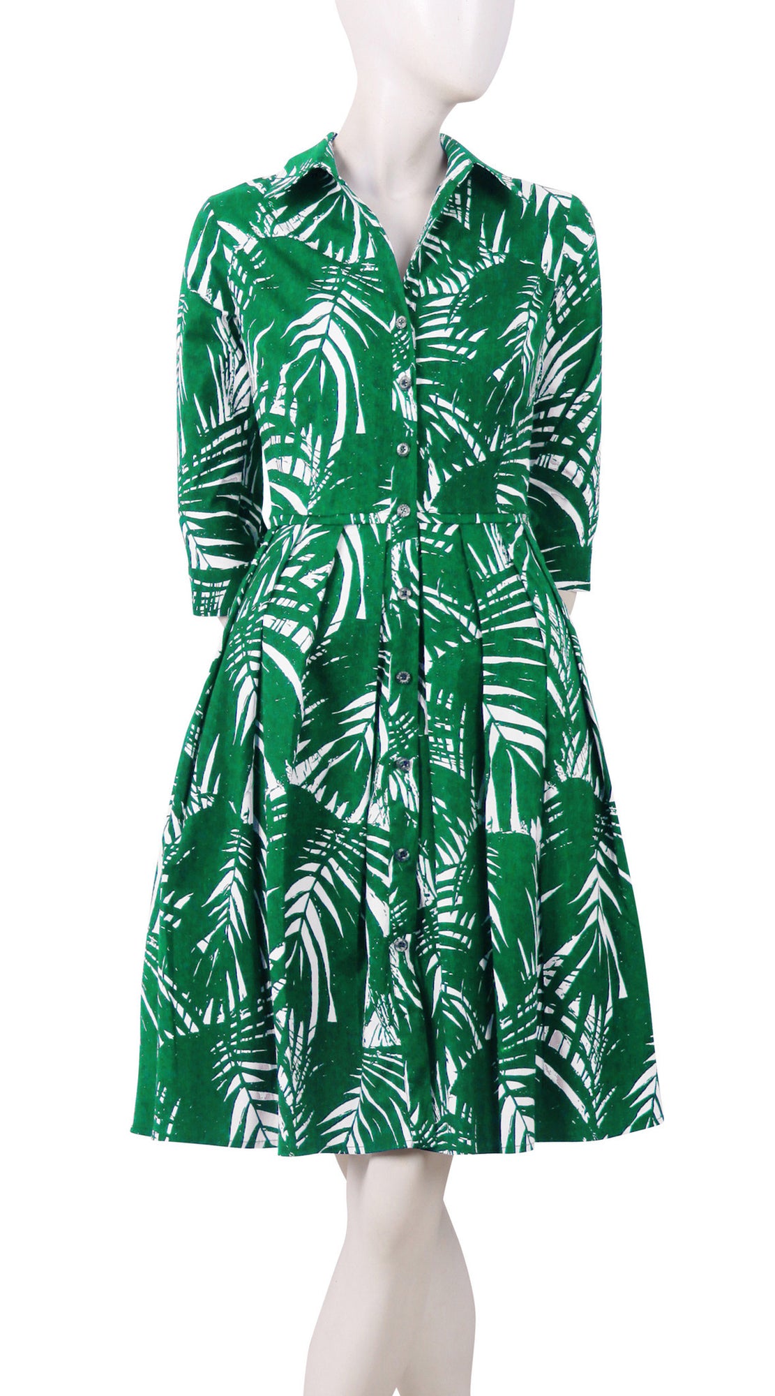 1/2 Sleeve | Maui Palm | White Pine Green | Front | Shirt Dress By Samantha Sung
