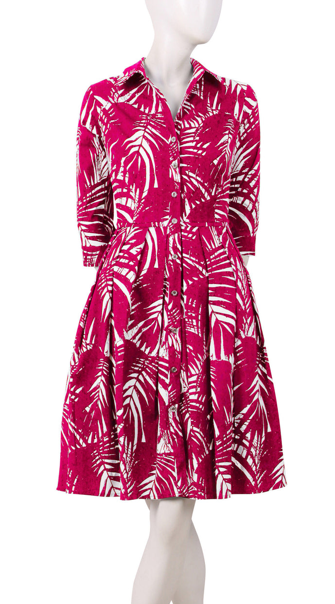 1/2 Sleeve | Maui Palm | White Rose | Front | Shirt Dress By Samantha Sung
