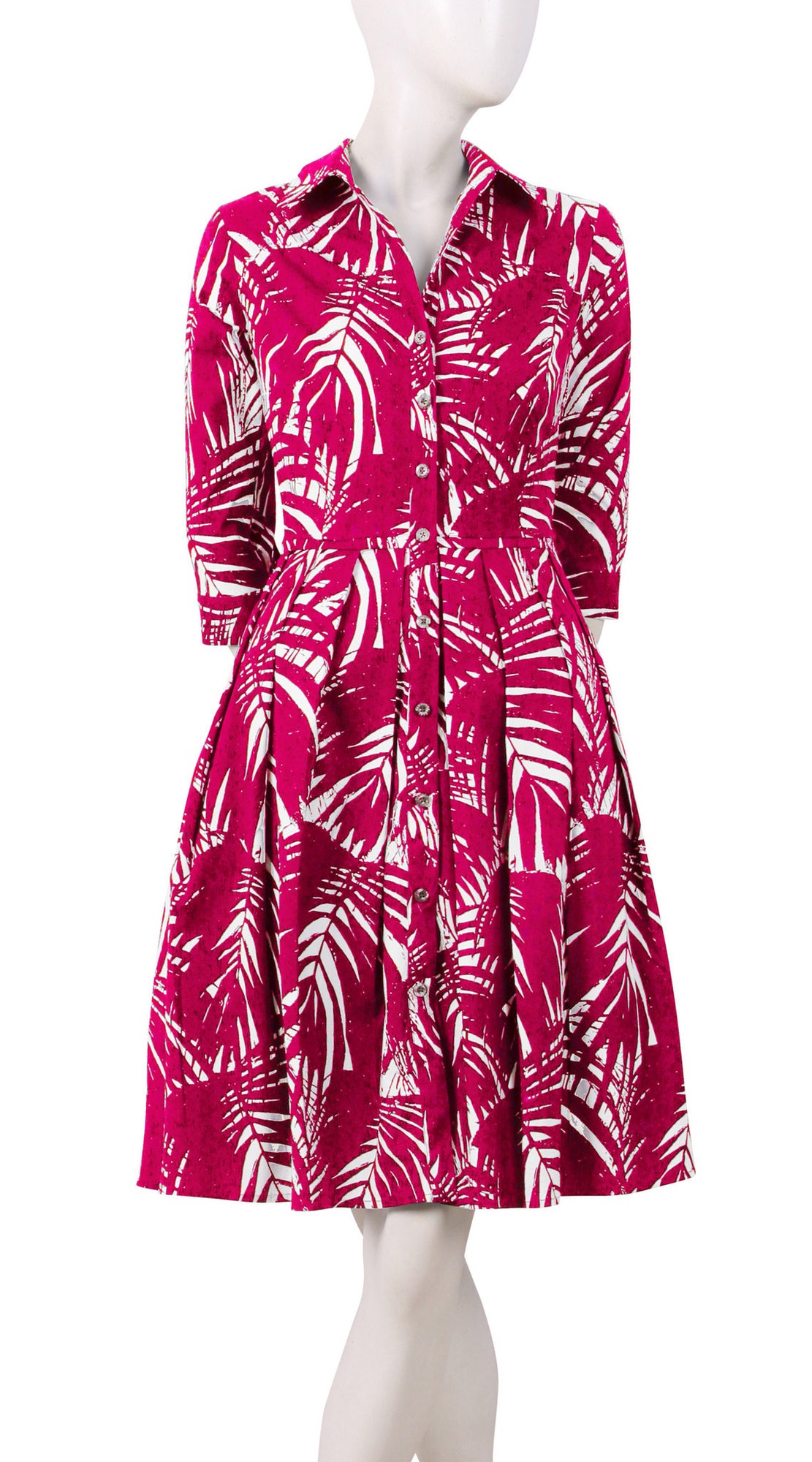 1/2 Sleeve | Maui Palm | White Rose | Front | Shirt Dress By Samantha Sung