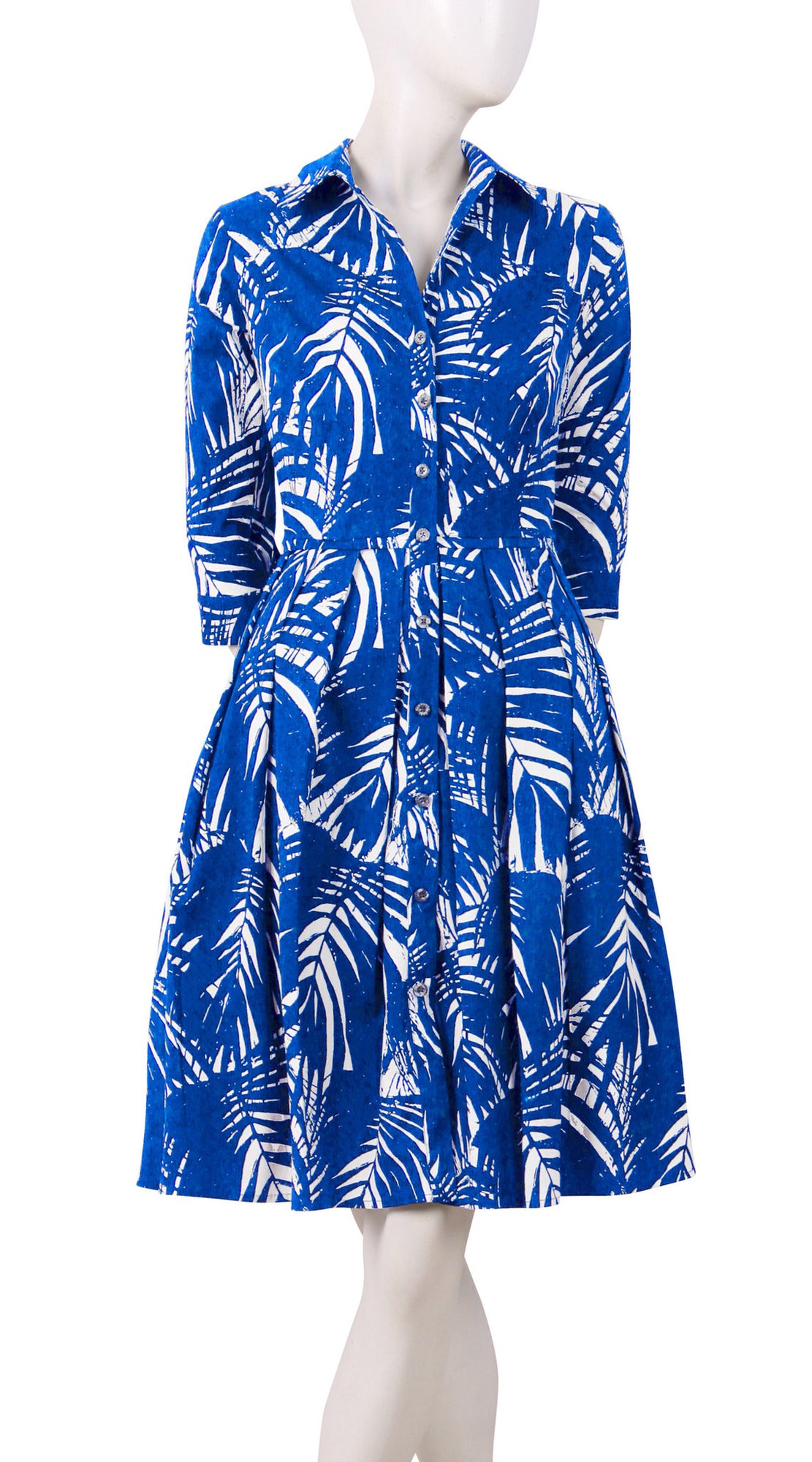 1/2 Sleeve | Maui Palm | White Sea Blue | Front | Shirt Dress By Samantha Sung